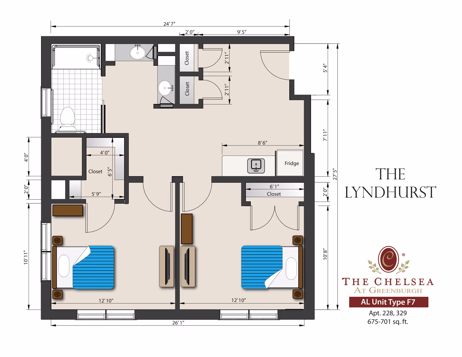 Floor plan of The Lyndhurst unit type F7 at The Chelsea at Greenburgh showing two bedrooms, a bathroom, closets, and a kitchen area with a fridge and sink. Dimensions of rooms and closets are marked.