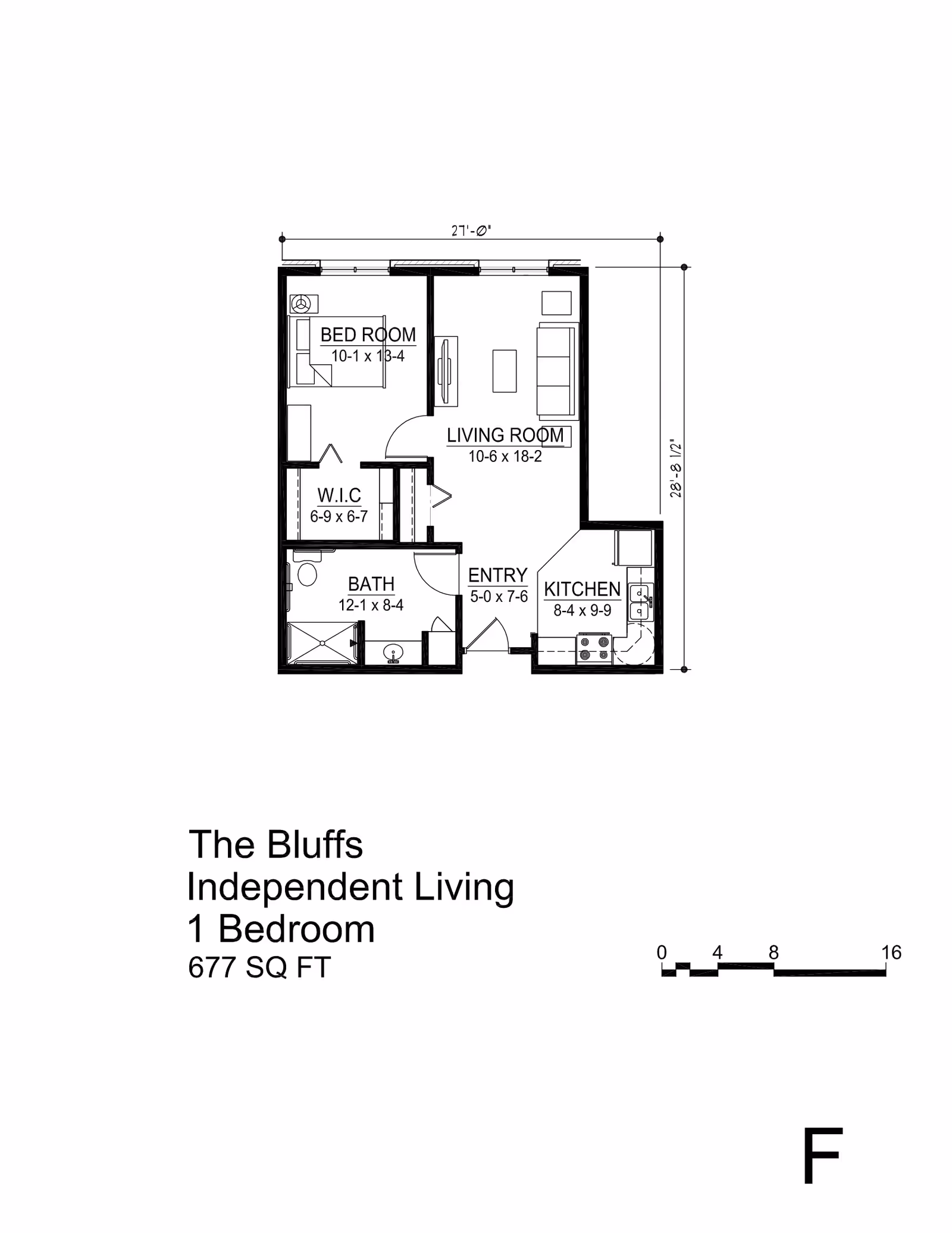 Architectural floor plan of a one-bedroom independent living unit named The Bluffs, showing a bedroom, walk-in closet, bathroom, entry, living room, and kitchen with dimensions and total area of 677 square feet.
