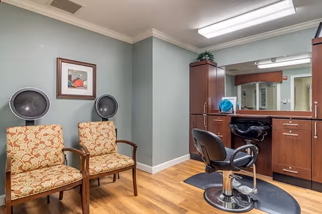 Interior of a salon room with two patterned armchairs under two hair dryers on the left, and a styling station with a black salon chair, large mirror, and wooden cabinets on the right. The floor is wooden and the walls are painted light green with white crown molding.