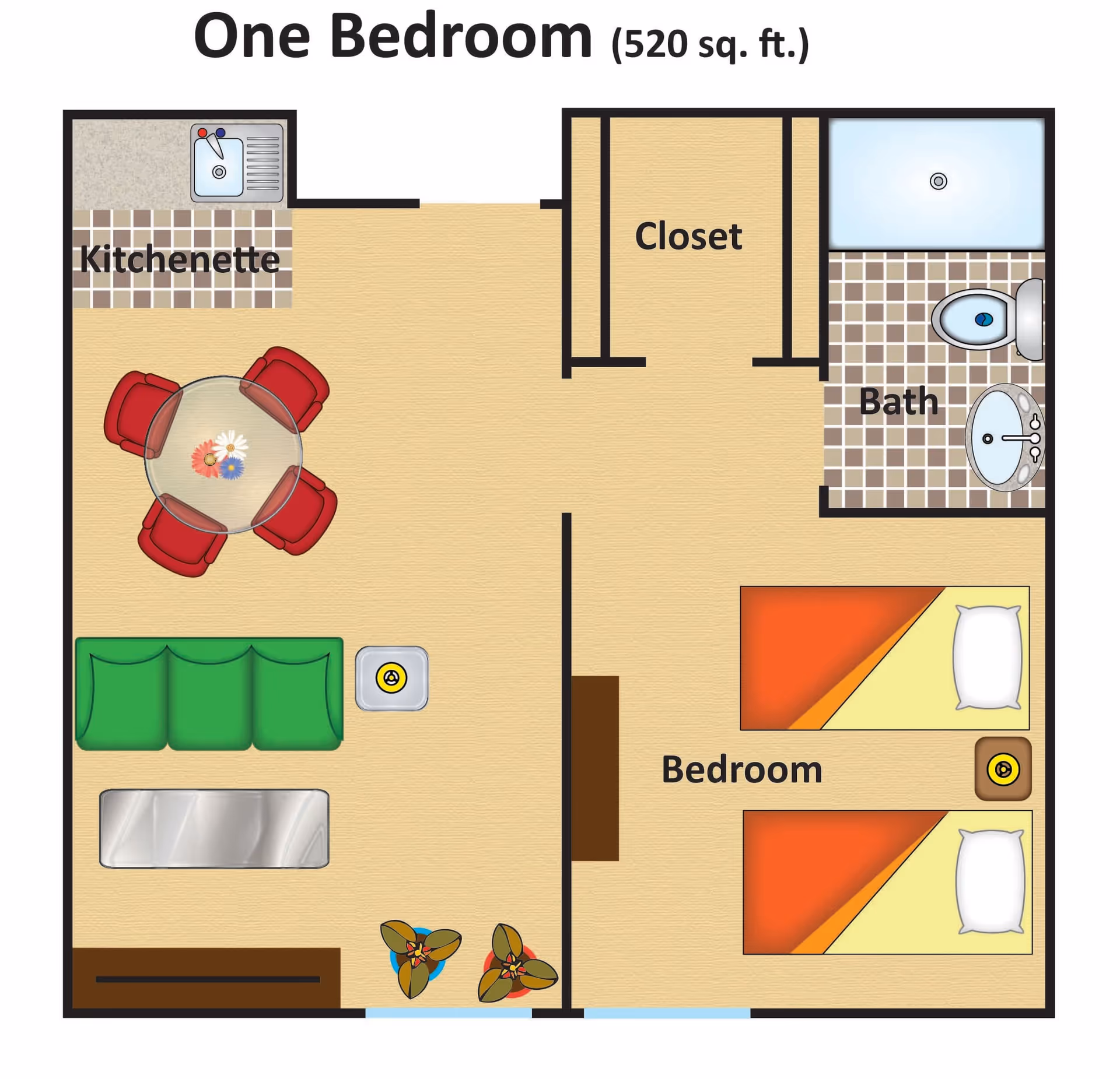 Floor plan of a one-bedroom apartment measuring 520 square feet, featuring a kitchenette with a sink, a dining area with a round table and four red chairs, a living area with a green couch and a coffee table, a bedroom with two beds and a nightstand, a closet, and a bathroom with a shower, toilet, and sink.