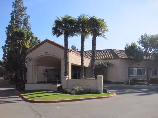 Exterior view of Beach Creek Post-Acute facility showing a beige building with a tiled roof, three tall palm trees in front, and a sign with the facility name. The building has an arched entrance and is surrounded by a paved driveway and some greenery.