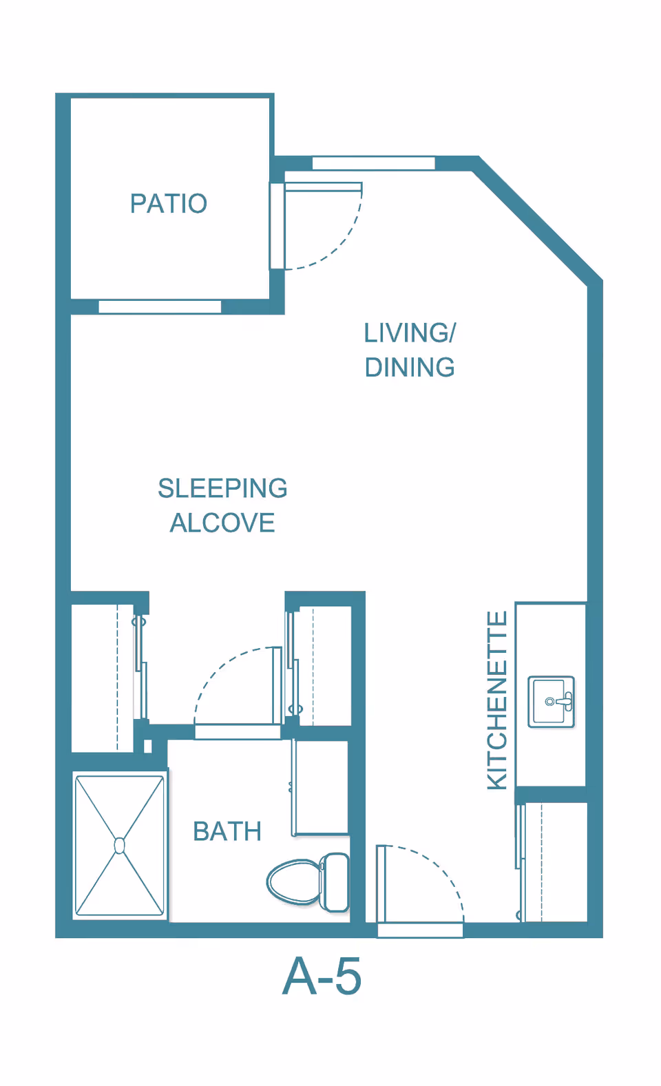 Floor plan of a senior living unit labeled A-5 featuring a patio, living/dining area, sleeping alcove, bath with shower and toilet, and a kitchenette with a sink.