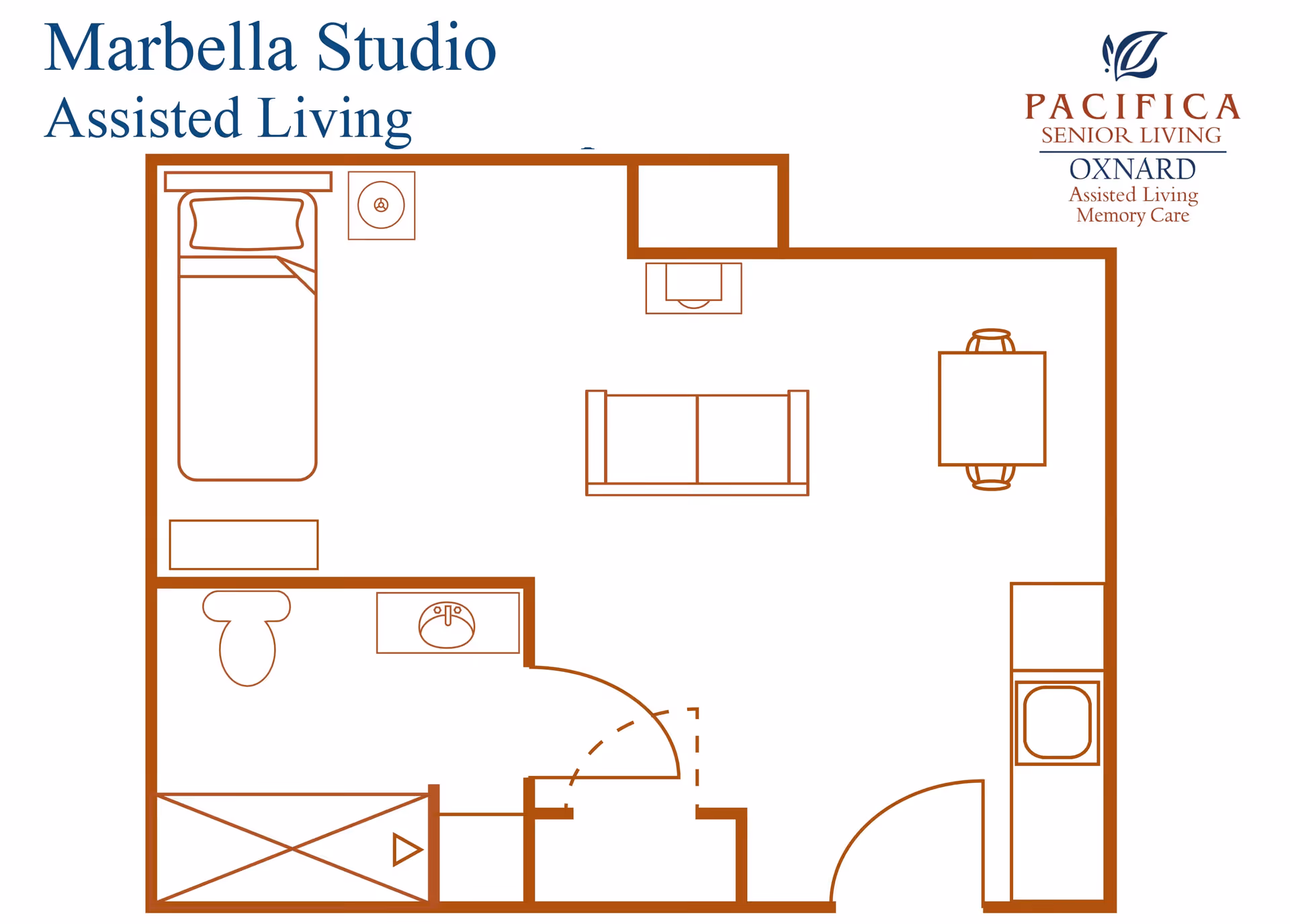 Floor plan layout of Marbella Studio Assisted Living unit showing a bedroom area with a bed, a bathroom with toilet and sink, a living area with a sofa and TV, a dining table with two chairs, and a kitchen area with a sink and stove.