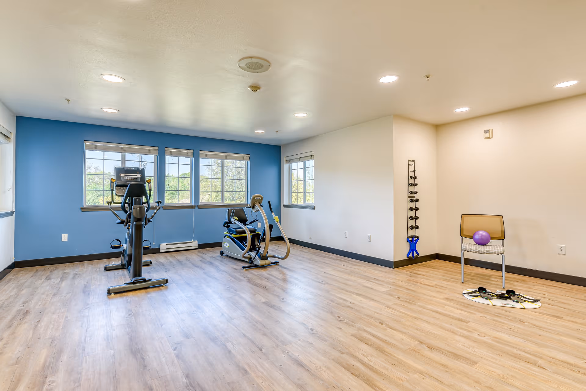 A bright exercise room with light wood flooring and white walls, one wall painted blue. The room contains two stationary exercise bikes, a chair with a purple exercise ball on it, a set of small dumbbells on a rack, and some exercise bands on the floor. Large windows let in natural light and provide a view of greenery outside.