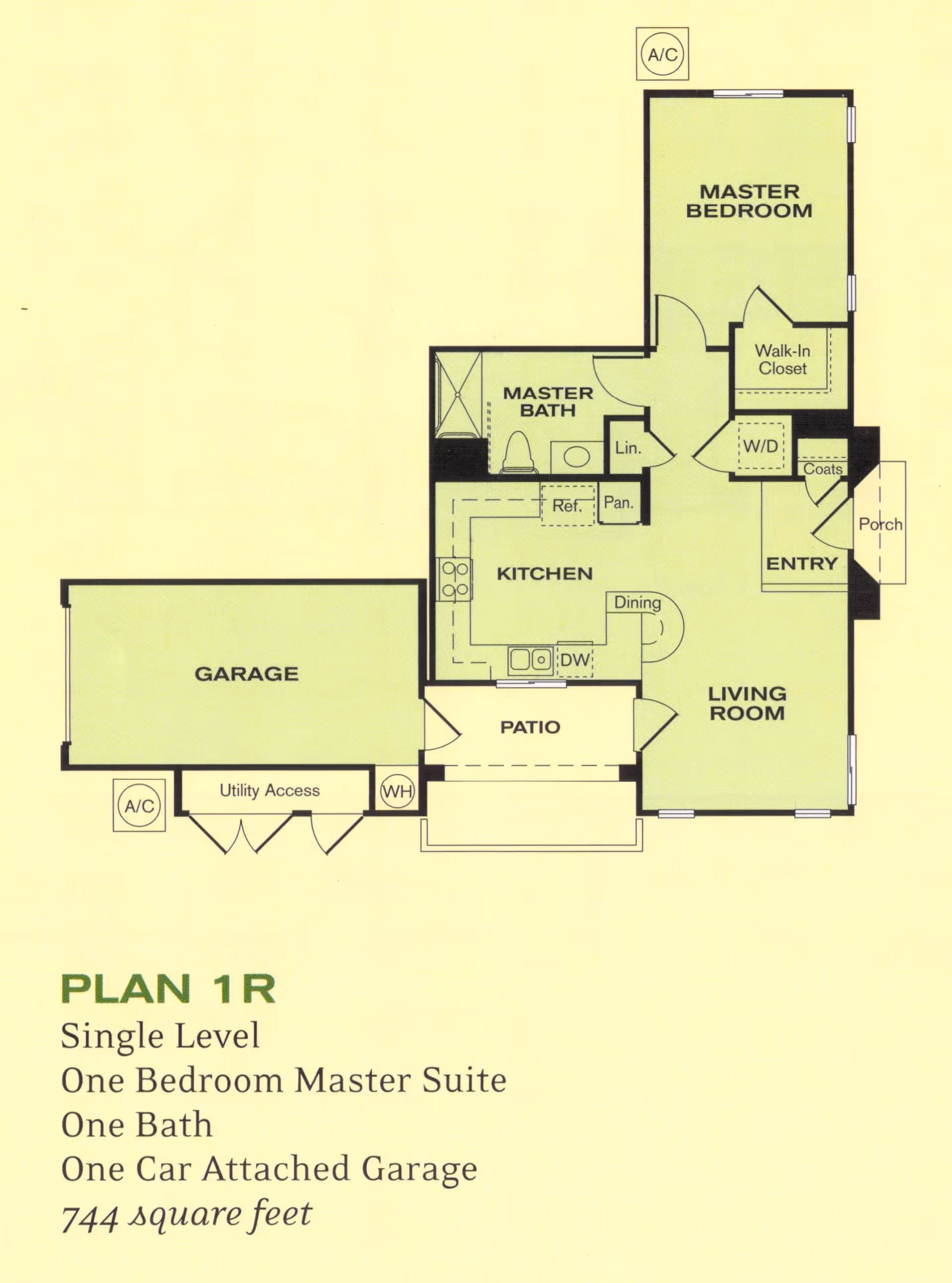 Floor plan of a single level one bedroom master suite with one bathroom and one car attached garage. The layout includes a master bedroom with a walk-in closet, a master bath, kitchen with dining area, living room, entry with coat closet and washer/dryer, patio, and garage with utility access.