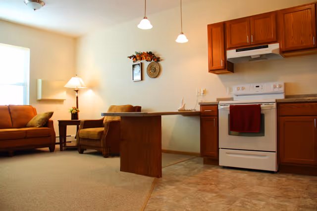 Open-plan living area with a small kitchen featuring a stove and wooden cabinets, a peninsula countertop, and upholstered sofa and armchair.