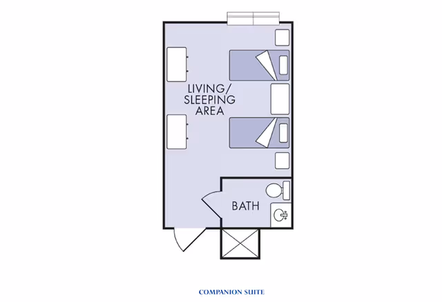 Floor plan of a companion suite showing a combined living/sleeping area with two beds, furniture, and a bathroom.