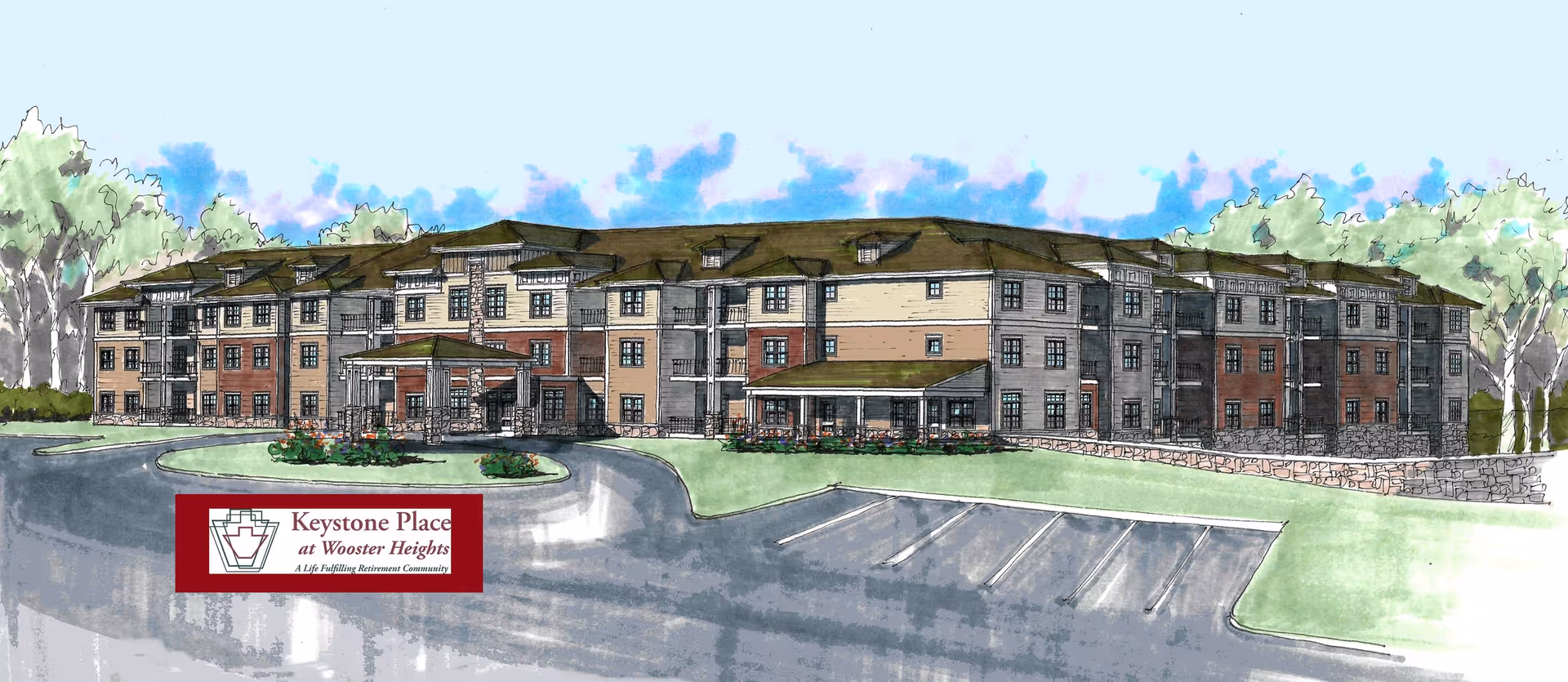 Illustrated exterior view of Keystone Place at Wooster Heights with driveway and entrance.