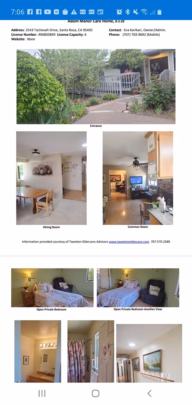 Collage of images from Adom Manor Care Home showing the entrance with a garden and ramp, a dining room with a wooden table and chairs, a common room with a TV and seating, two views of an open private bedroom with a bed and armchair, a bathroom with a sink and mirror, a shower with a curtain, and a hallway with paintings and handrails.