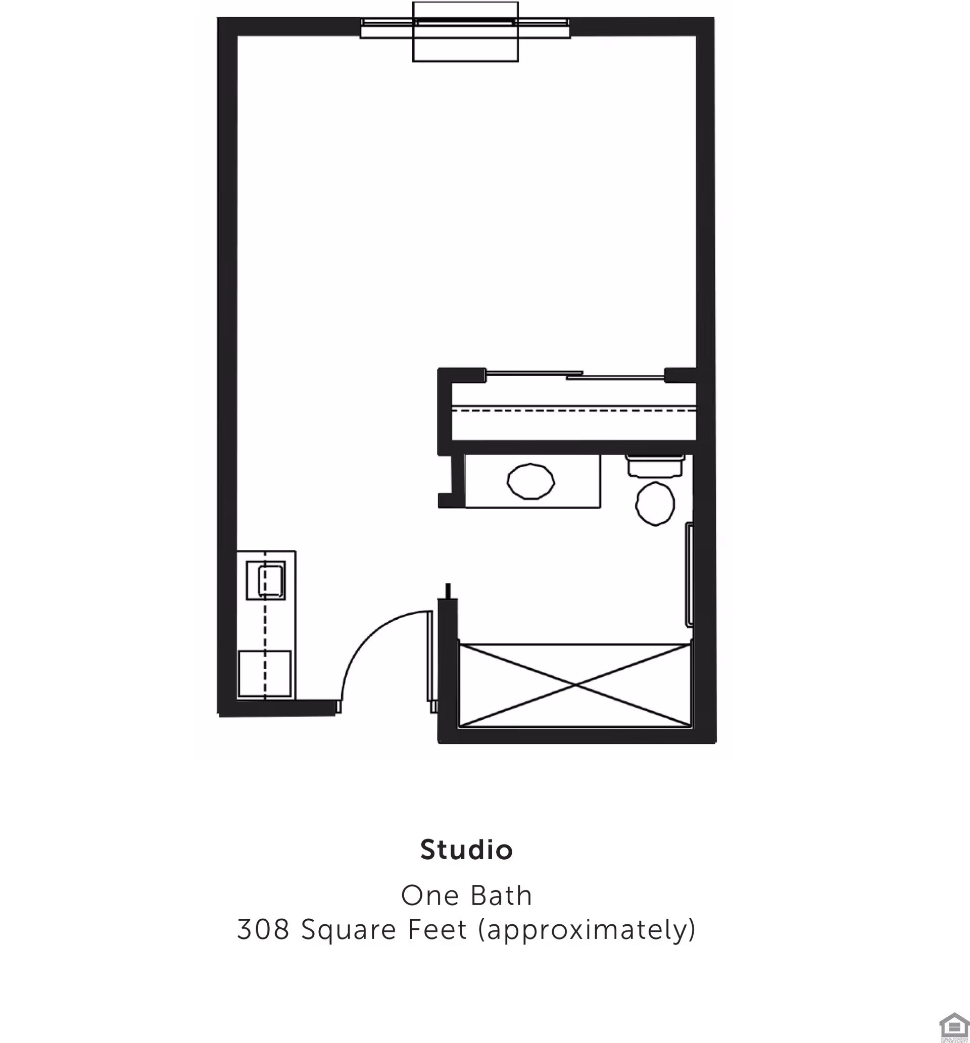 Black-and-white floor plan of a studio apartment showing a main living area, a kitchenette by the entrance, a bed area, and a bathroom with sink and toilet.