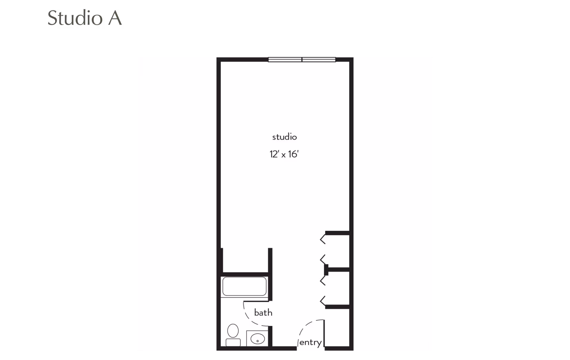 Black-and-white floor plan labeled 'Studio A' showing a 12' x 16' studio with an entry, bathroom (tub, toilet, sink) and closet space.