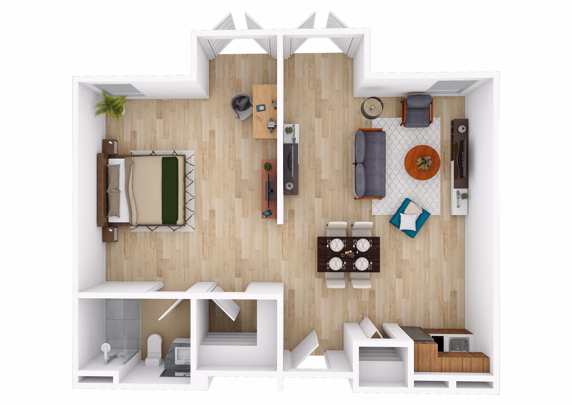 Top-down 3D floor plan of a one-bedroom apartment showing a bedroom, bathroom, kitchen, dining area, and living room.