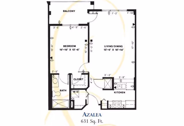 Floor plan of a one-bedroom apartment named Azalea with 631 square feet, showing a bedroom, bathroom, closet, washer/dryer area, kitchen, living/dining area, and a balcony.