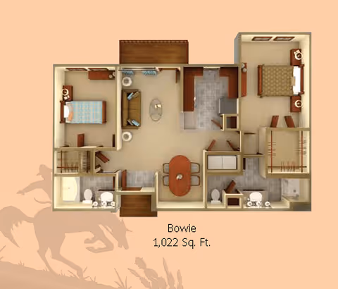 Floor plan of a senior living apartment named Bowie with 1,022 square feet, showing two bedrooms, two bathrooms, a living room, kitchen, and dining area.