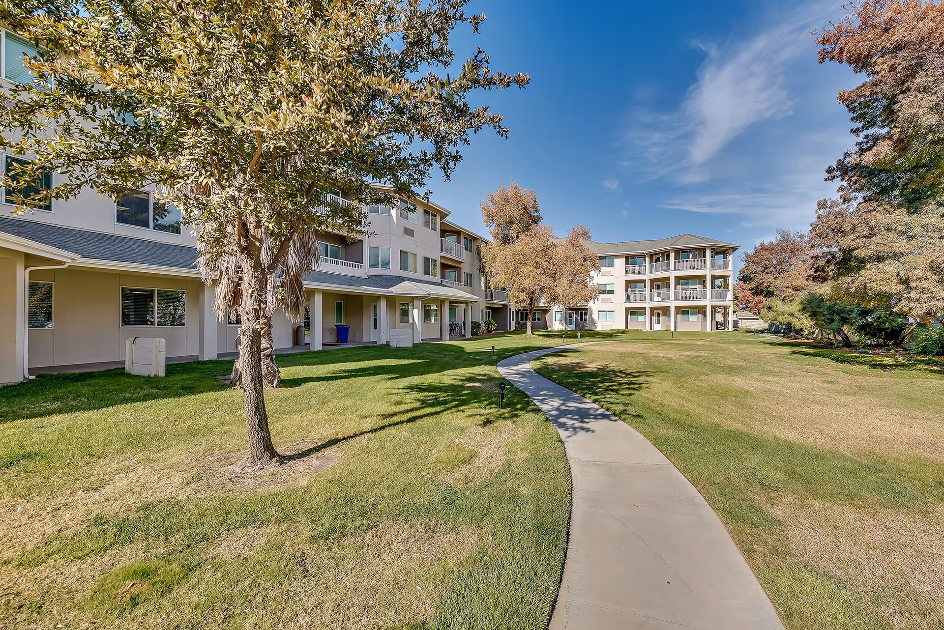 A curved concrete path leads through a grassy courtyard toward a three-story senior living building with balconies and trees.