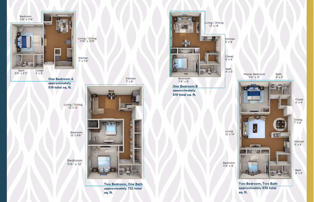 Floor plans for four apartment layouts at Spring Haven, including One Bedroom A (519 sq. ft.), One Bedroom B (519 sq. ft.), Two Bedroom One Bath (732 sq. ft.), and Two Bedroom Two Bath (835 sq. ft.). Each layout shows room dimensions and includes bedrooms, bathrooms, kitchens, living/dining areas, and closets.