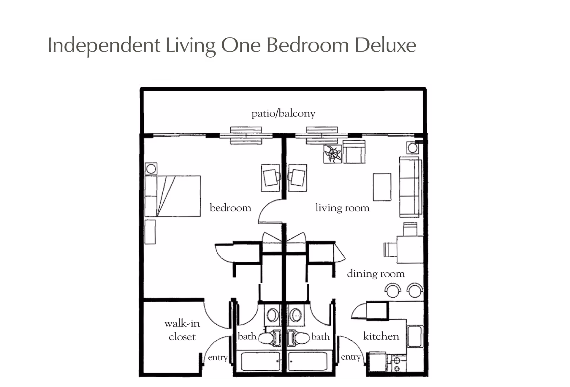 Black-and-white floor plan titled "Independent Living One Bedroom Deluxe" showing a bedroom, living room, dining room, kitchen, patio/balcony, walk-in closet, and bathrooms.