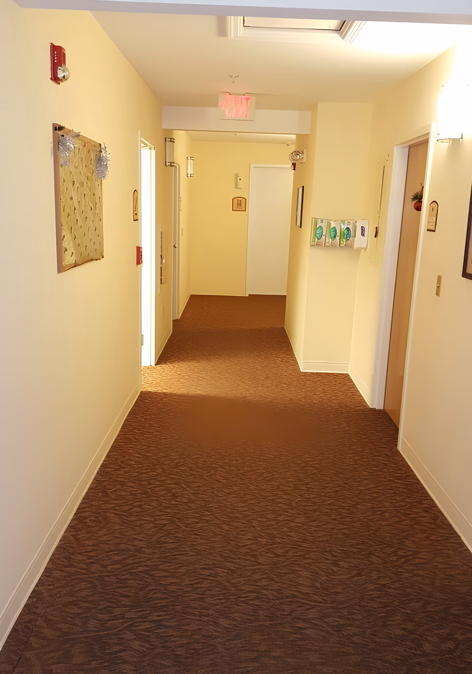 A well-lit indoor hallway with beige walls and brown carpet. The hallway has several doors on both sides, a fire alarm on the left wall, and a mounted box with green and white items on the right wall. There is an exit sign hanging from the ceiling at the end of the hallway.