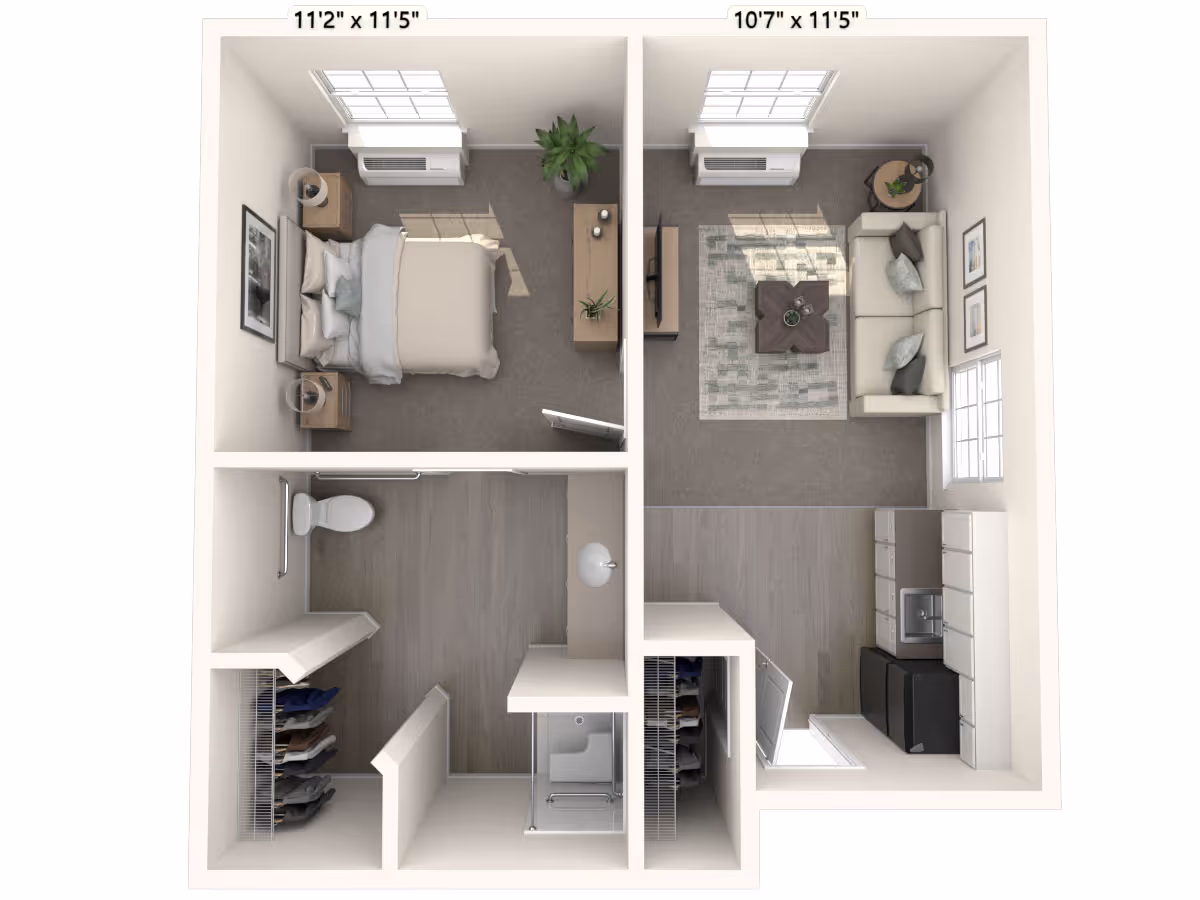 3D floor plan of a small apartment unit showing a bedroom with a bed, two nightstands, a dresser, and a plant; a living room with a sofa, coffee table, TV, and side table; a kitchen area with cabinets, sink, and appliances; and a bathroom with a toilet, shower, sink, and two closets.
