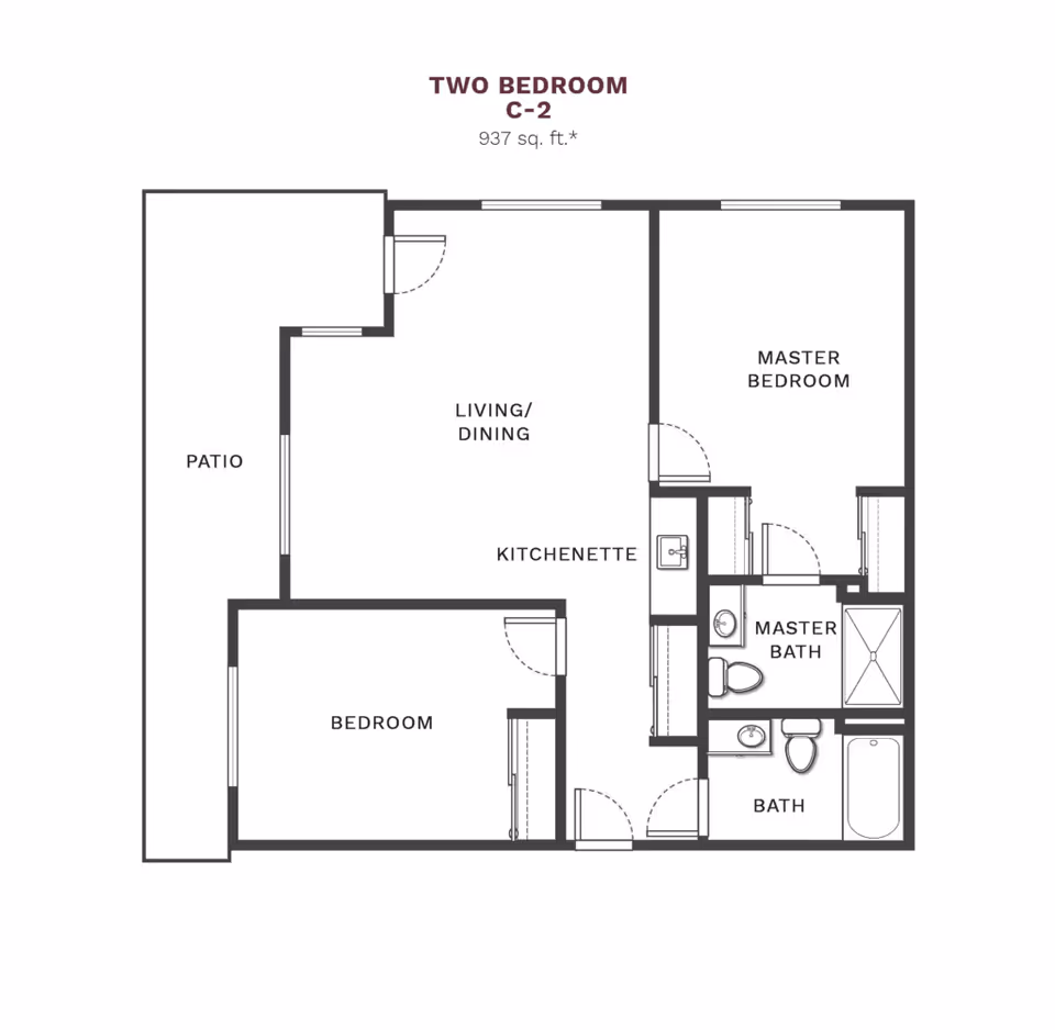 Floor plan of a two-bedroom apartment labeled C-2 with 937 square feet. It includes a master bedroom with an attached master bath, a second bedroom, a living/dining area combined with a kitchenette, a second bathroom, and a patio.