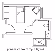 Simple floor plan diagram of a private nursing room with a bed, chair, closet, and attached bathroom.