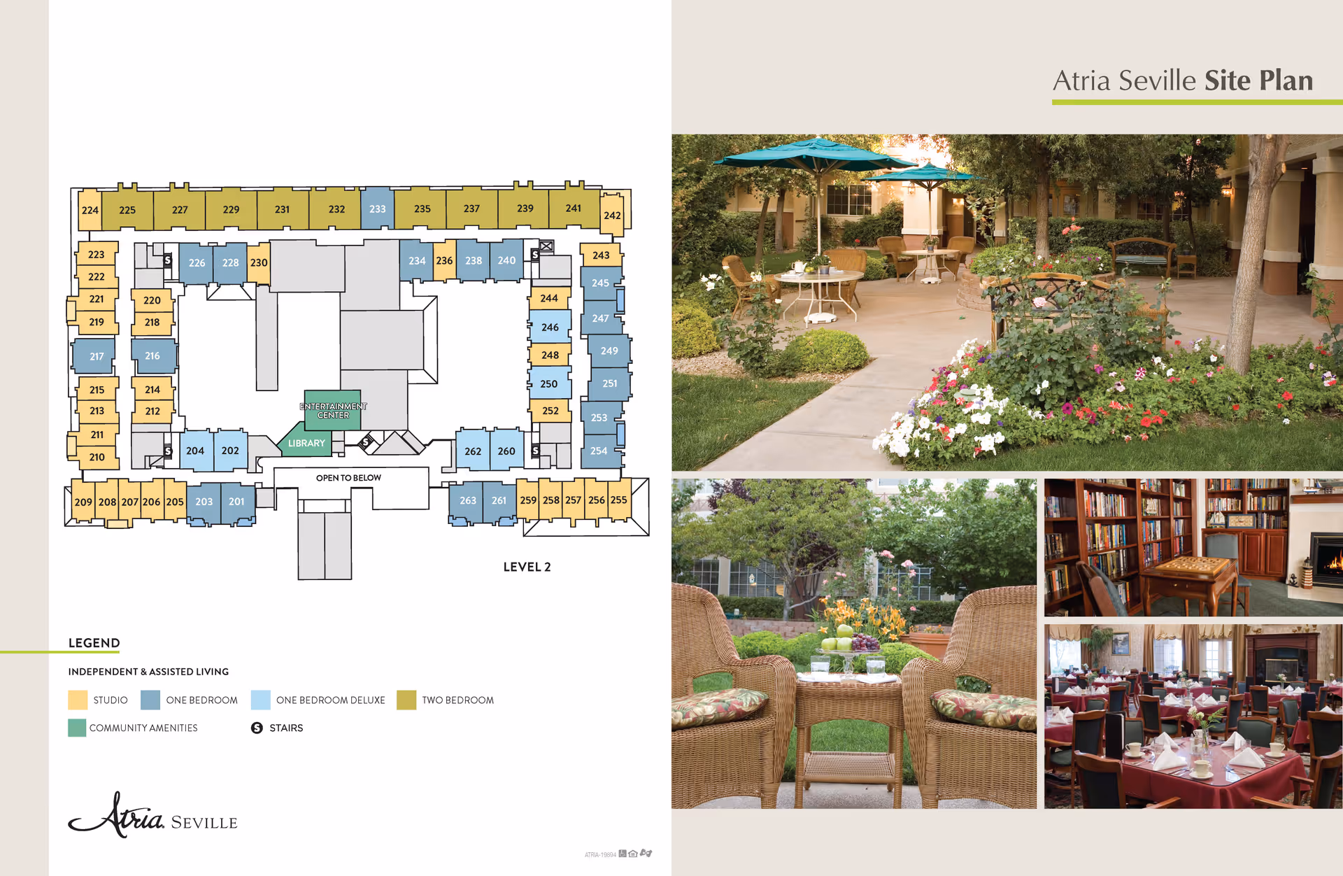 Atria Seville site plan showing the layout of level 2 with color-coded independent and assisted living units including studios, one bedroom, one bedroom deluxe, and two bedroom apartments, along with community amenities like a library and entertainment center. The right side features four images: a courtyard with tables and umbrellas surrounded by greenery and flowers, a cozy outdoor seating area with wicker chairs and a table, a library room with bookshelves and a fireplace, and a dining room set with tables covered in burgundy tablecloths and neatly arranged place settings.