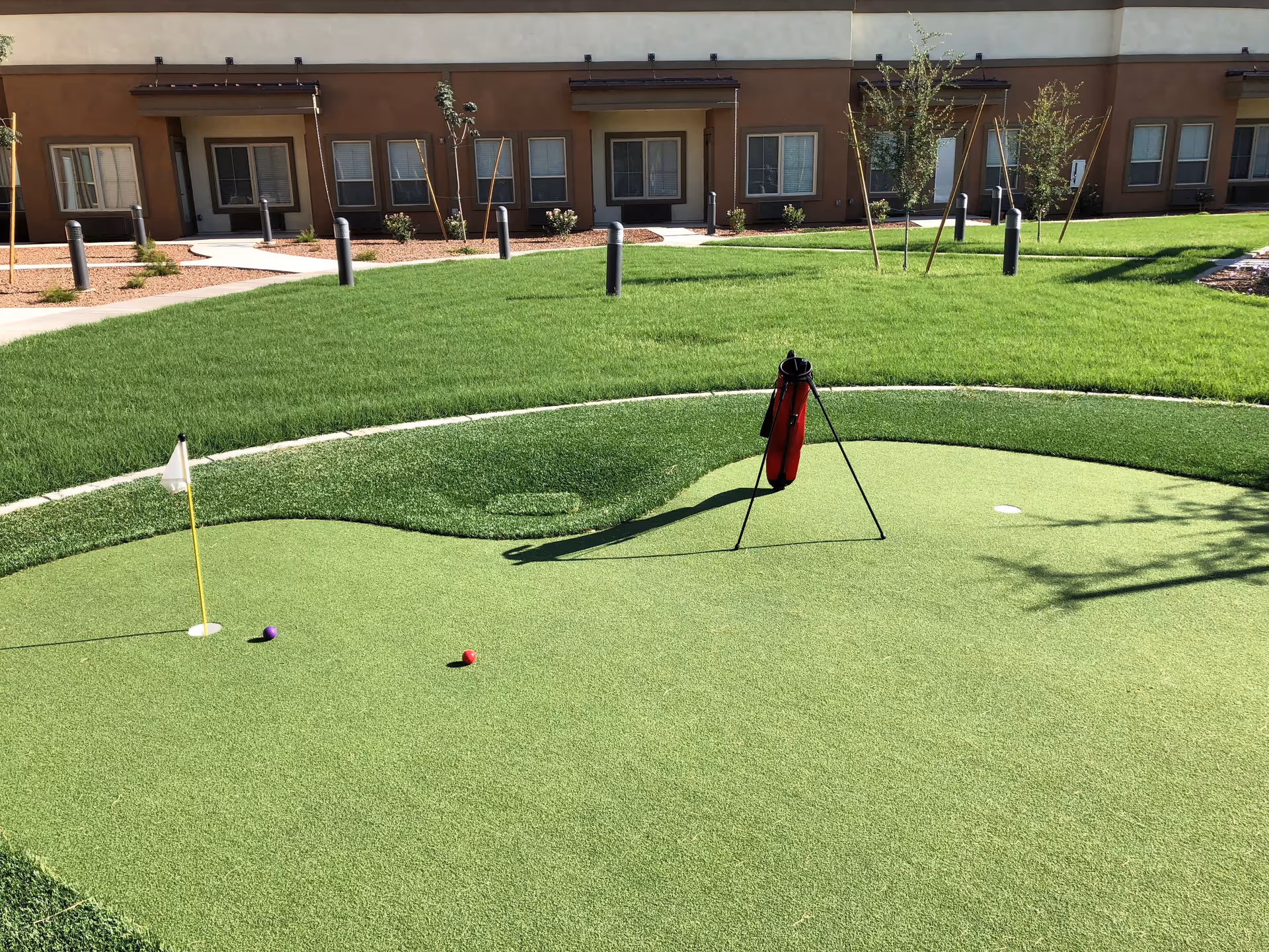 Outdoor putting green with a golf hole marked by a small white flag, two golf balls (one purple and one red), and a red golf bag standing on the green. In the background, there is a building with multiple windows and doors, surrounded by well-maintained grass and small trees.