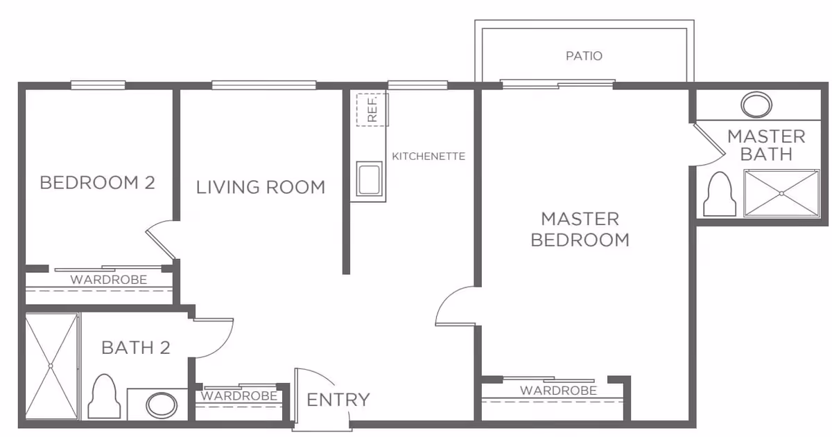 Floor plan of a residential unit at BridgePoint at Los Altos showing two bedrooms, a living room, kitchenette, two bathrooms, wardrobes, an entry, and a patio.