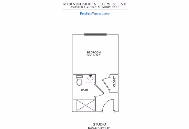 Floor plan of a studio apartment at Morningside in the West End showing a bedroom area measuring 12 feet by 10 feet 4 inches, a bathroom with a toilet, sink, and shower, and a closet near the entrance.