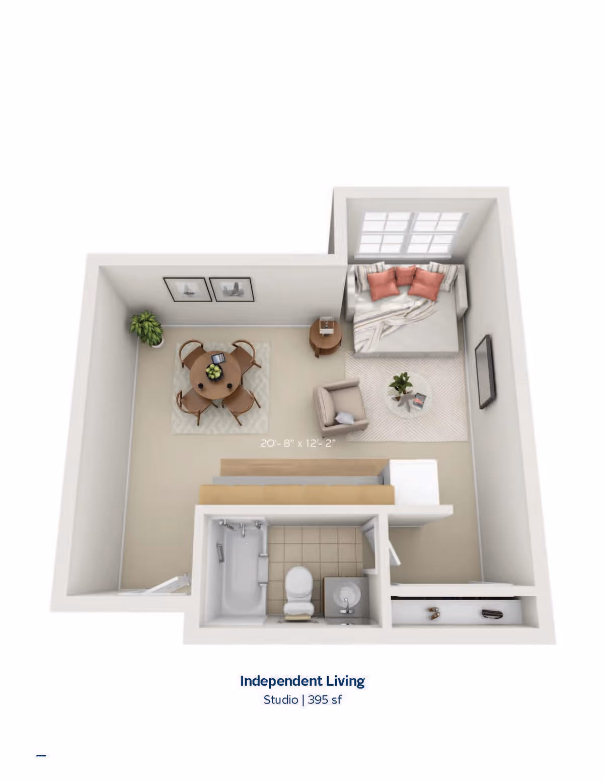 3D floor plan of a studio apartment for independent living, showing a combined living and sleeping area with a bed, armchair, round dining table with four chairs, and a small bathroom with a bathtub, toilet, and sink. The apartment measures 395 square feet.
