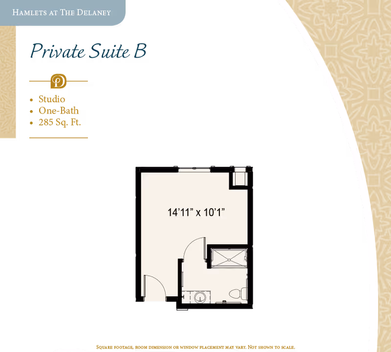 Floor plan layout of Private Suite B at Hamlets at The Delaney, showing a studio with one bathroom and dimensions of 14 feet 11 inches by 10 feet 1 inch. The suite is 285 square feet.