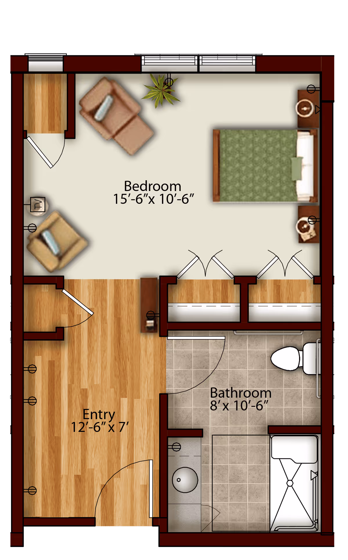 Floor plan of a senior living facility unit at Harmony at State College, showing a bedroom with a bed, two chairs, a plant, and two nightstands. The entry area has wooden flooring and leads to a bathroom with a toilet, sink, and shower. Dimensions are labeled for each room.