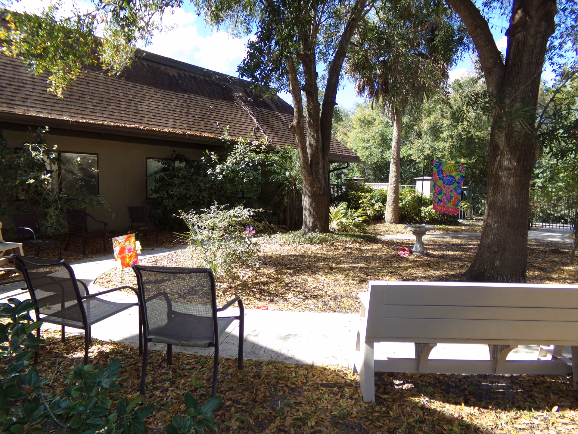 Sunlit outdoor courtyard with benches and chairs under large trees beside a building.