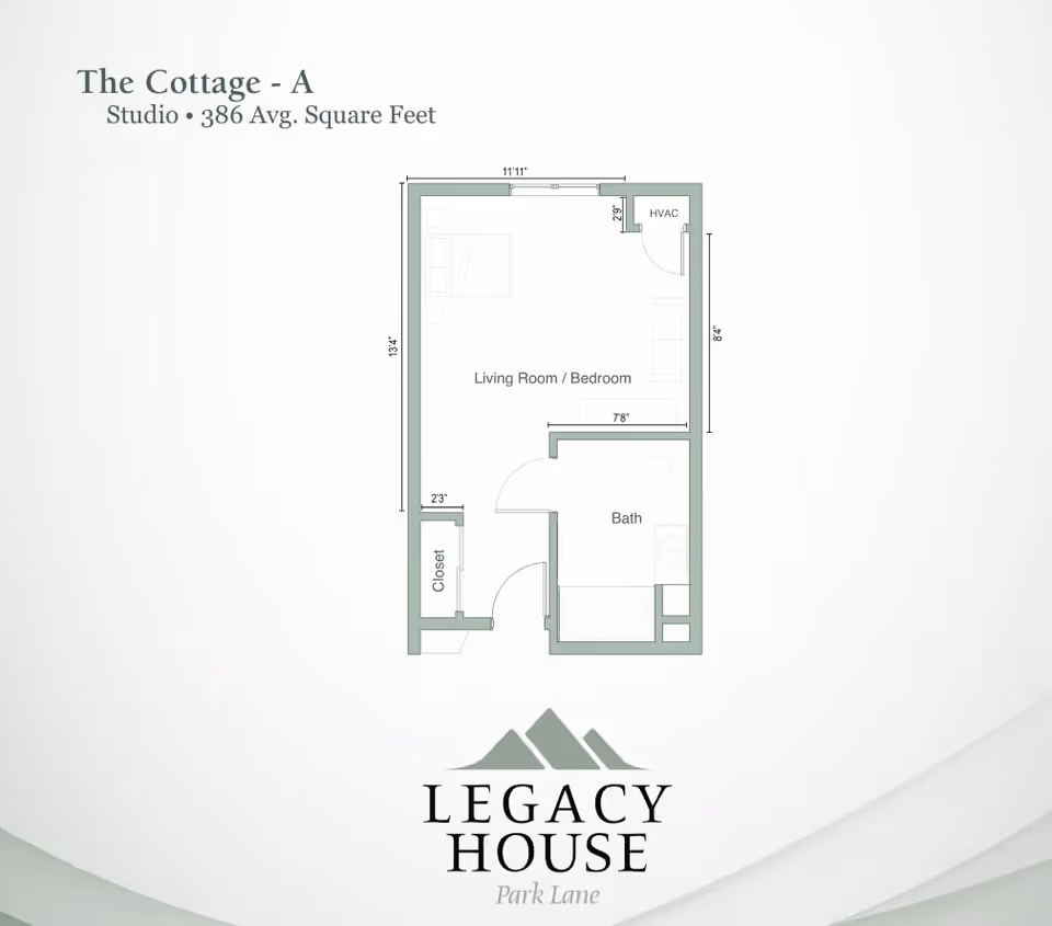 Floor plan for The Cottage - A studio apartment at Legacy House of Park Lane, showing a living room/bedroom area, a bath, and a closet with dimensions and layout details.