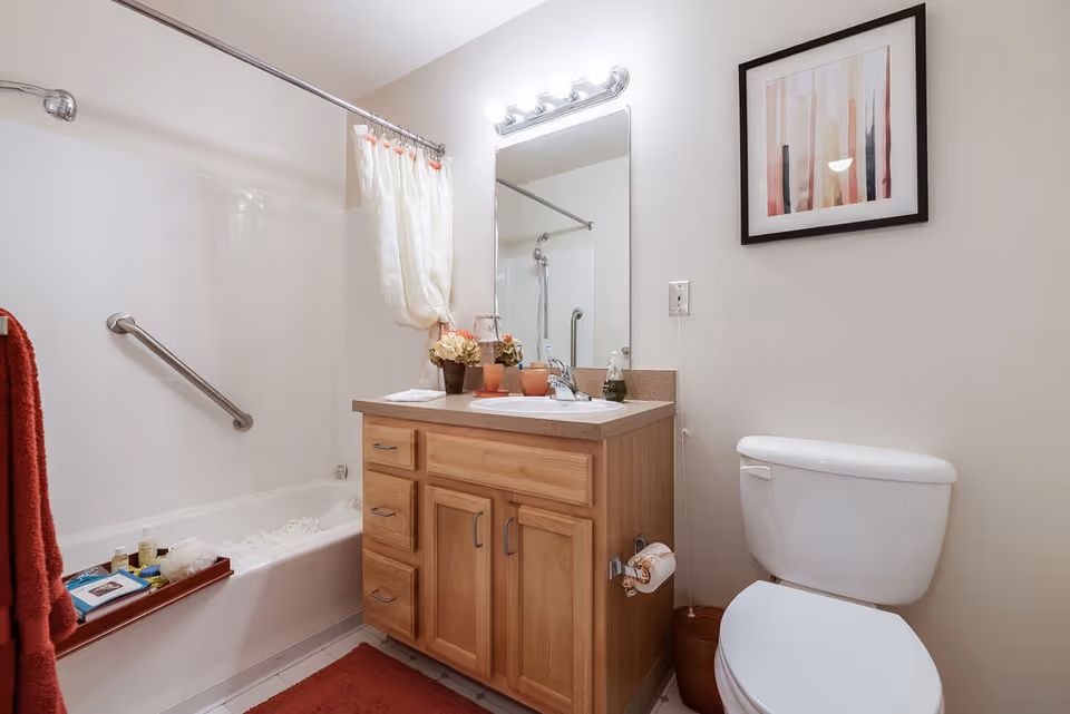 A clean bathroom featuring a bathtub with a grab bar and shower curtain, a wooden vanity with a sink and countertop, a large mirror with lights above it, a toilet, a red bath mat, and a framed abstract artwork on the wall.