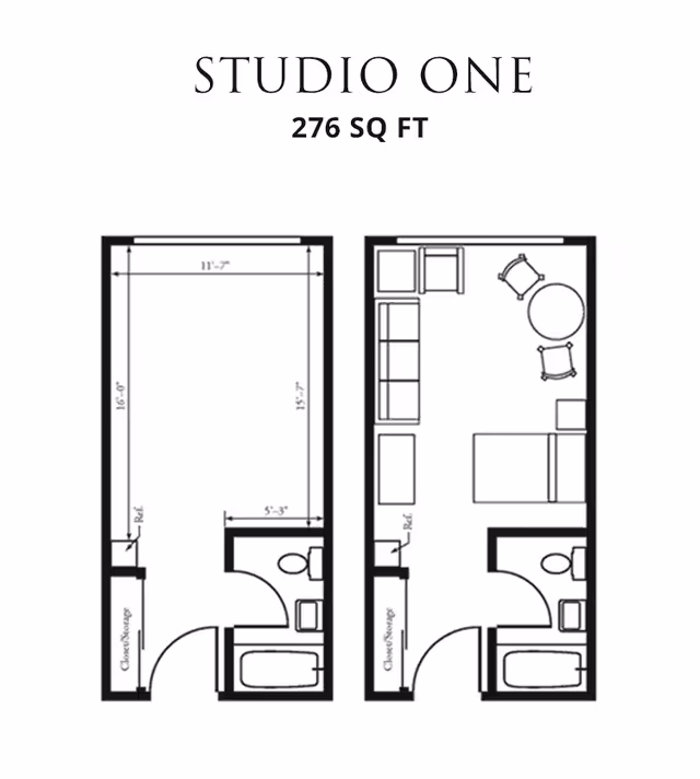 Floor plan of a studio apartment labeled Studio One with 276 square feet. The layout shows a rectangular room with a closet/storage area near the entrance, a bathroom with a bathtub, toilet, and sink, and an open living/sleeping area with a bed, sofa, chairs, and a round table.