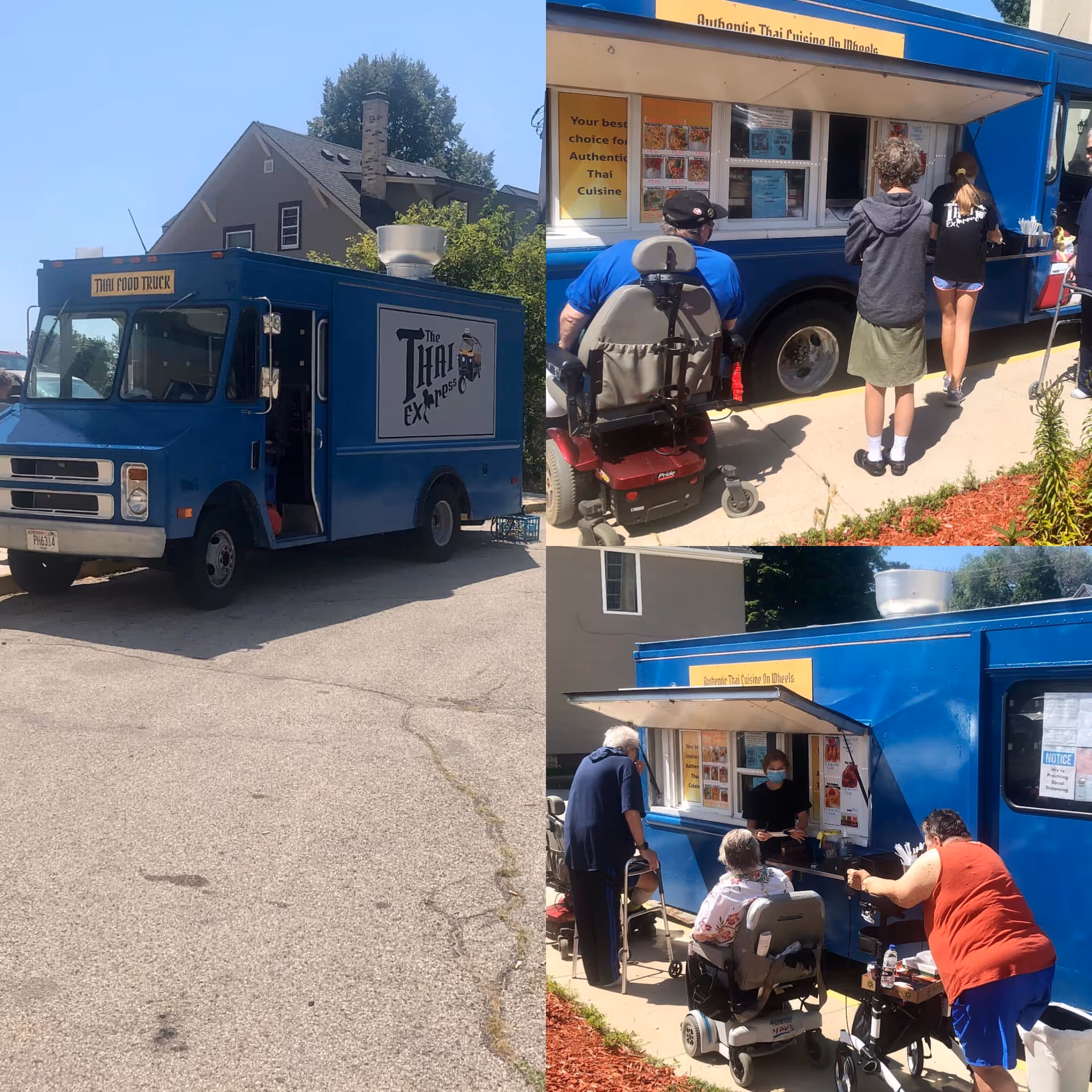 Collage of three images showing a blue Thai food truck named 'The Thai Express' parked on a street near a residential area. People, including individuals using mobility scooters and walkers, are seen ordering and waiting at the food truck window on a sunny day.