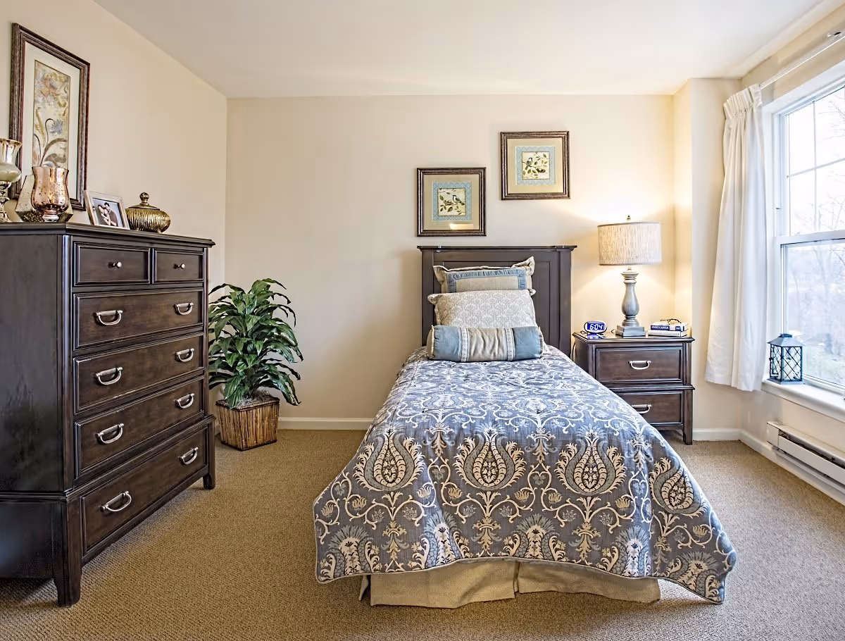 Sunlit furnished bedroom with a single bed dressed in a patterned bedspread, a nightstand with lamp, and a dresser.