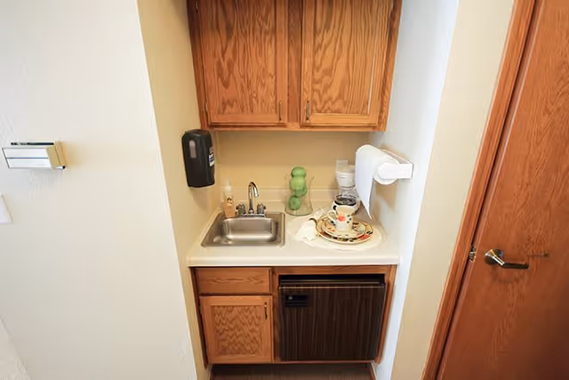 Small kitchenette area with a stainless steel sink, wooden cabinets above and below the counter, a black mini refrigerator under the counter, a paper towel holder mounted on the wall, a soap dispenser, and a tray with a coffee cup and saucer on the countertop.