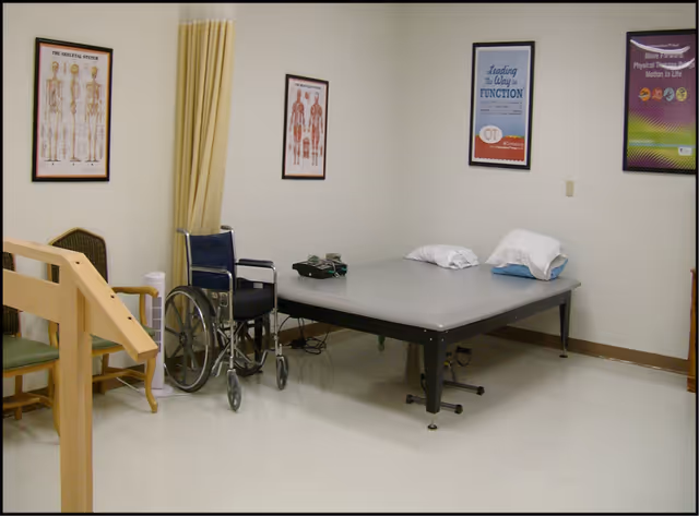 A clinical therapy room with a padded treatment table, wheelchair, chairs, anatomical posters on the walls, and a privacy curtain.