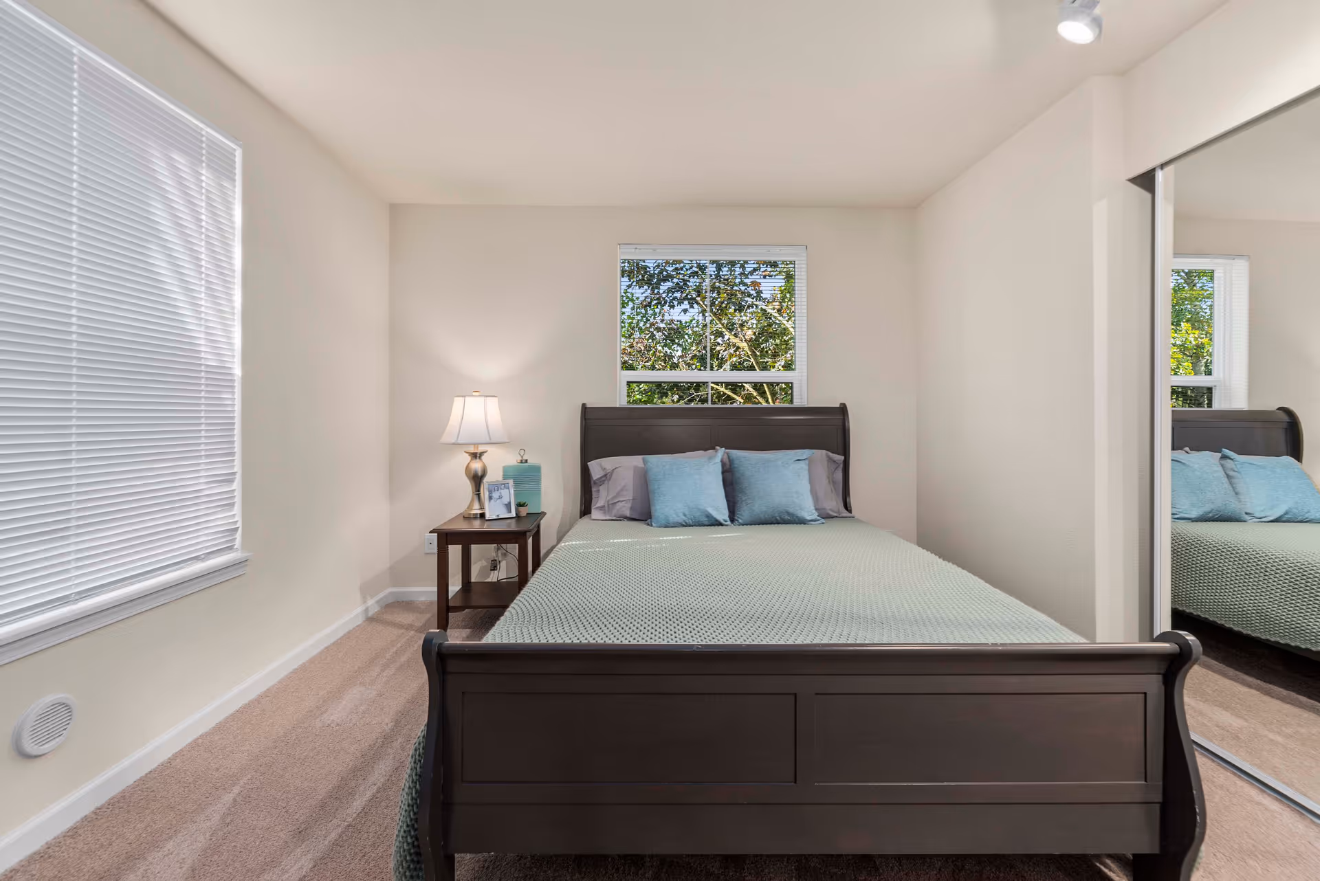 Neat bedroom with a dark wooden bed, bedside table with lamp, window, and mirrored closet door.