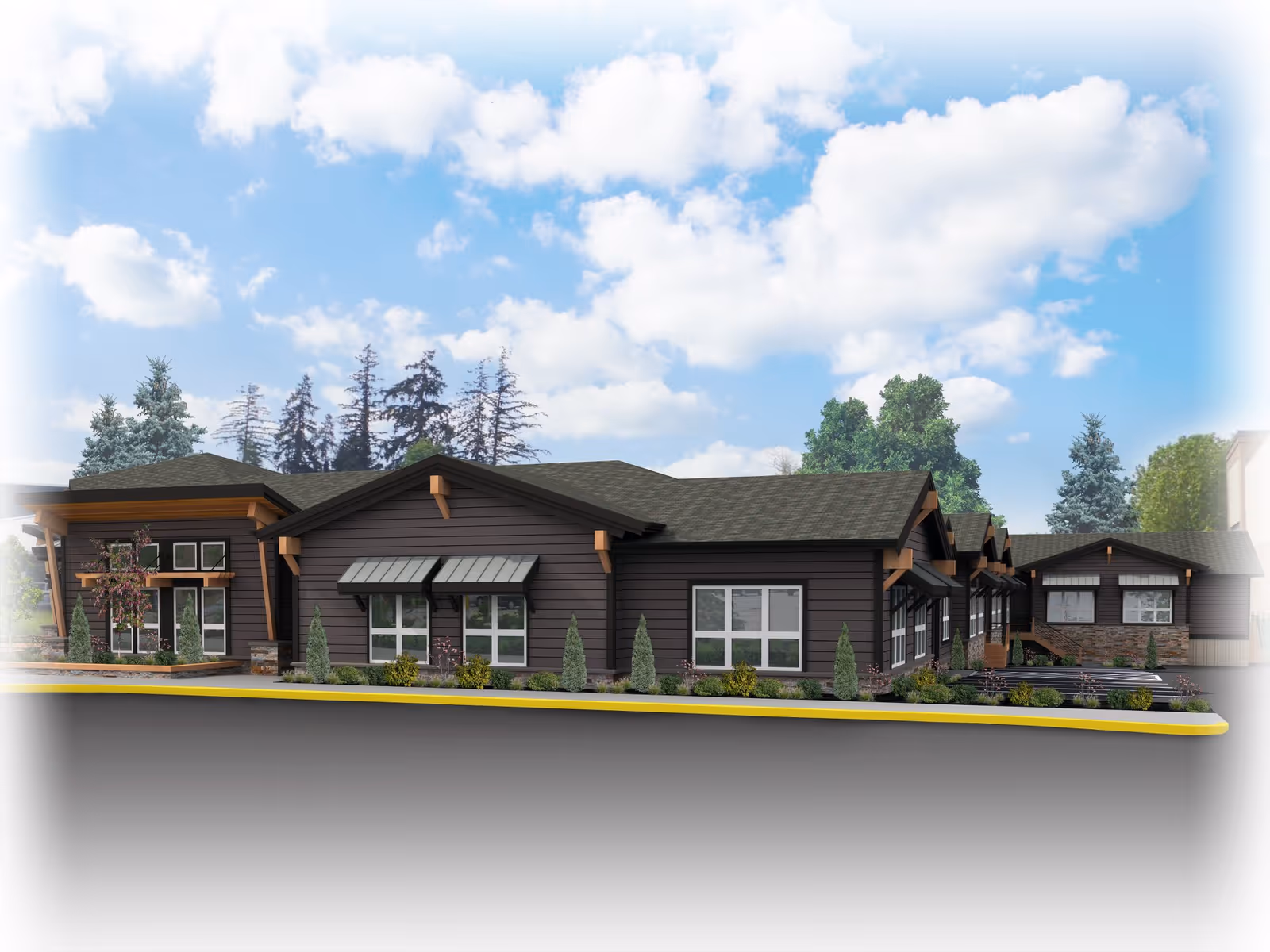 Exterior rendering of a single-story dark brown senior living building with windows, landscaping, and a blue sky with clouds.