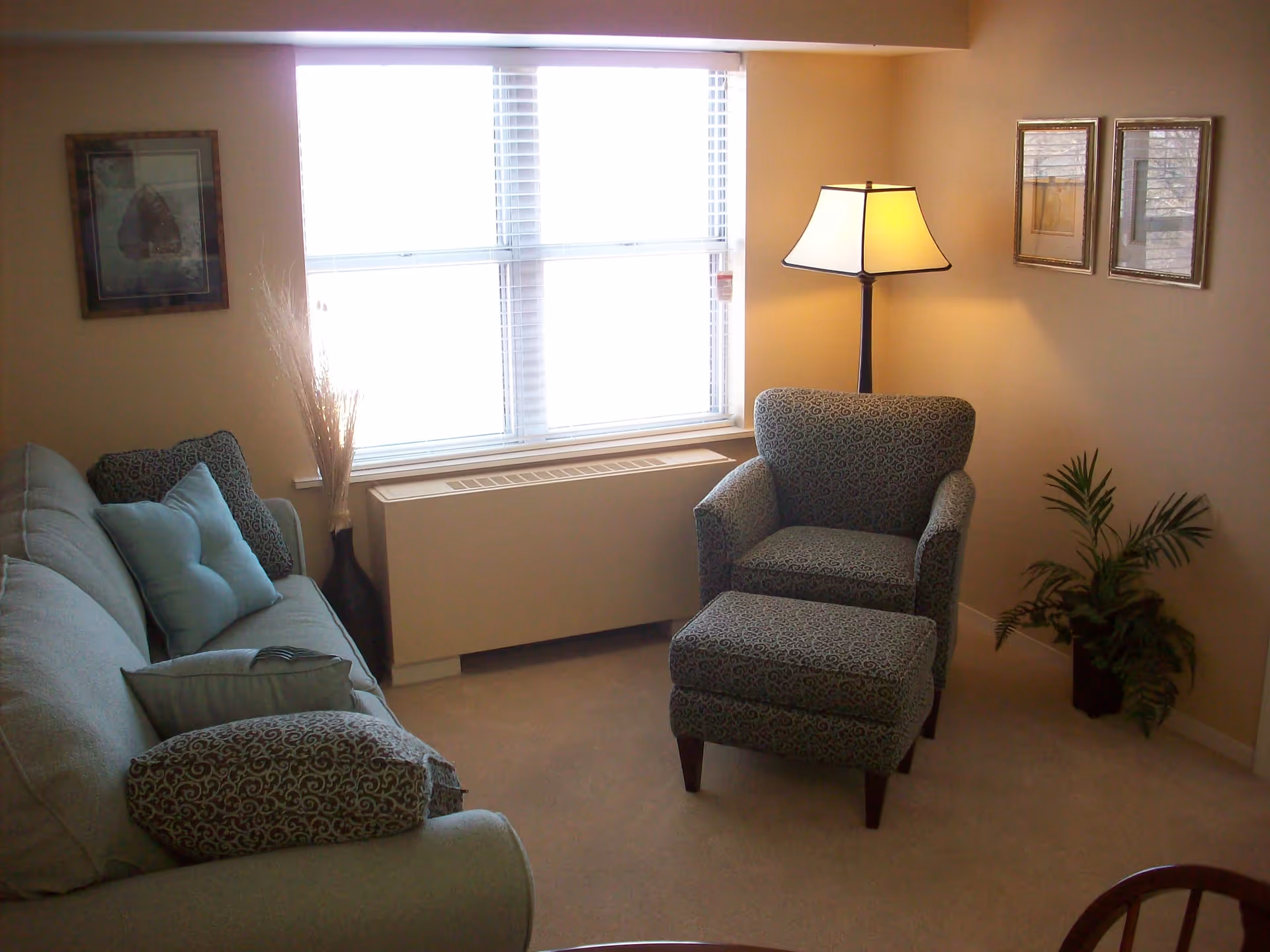 A cozy living room with a large window covered by white blinds. The room features a light blue sofa with patterned and solid pillows, a matching patterned armchair with an ottoman, a floor lamp with a white shade, framed artwork on the walls, a tall vase with decorative dried branches, and a potted green plant in the corner.