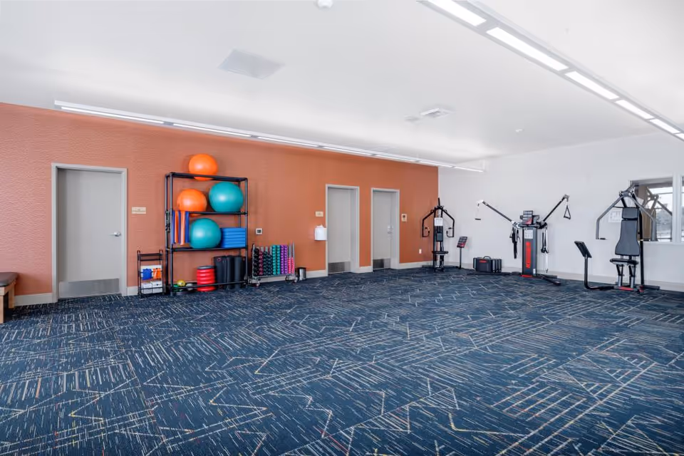 A spacious exercise room with blue patterned carpet and white ceiling lights. The room has a reddish-brown accent wall with three closed doors. On the left side, there is a black metal rack holding various exercise balls, mats, and other fitness equipment. On the right side, there are several pieces of strength training equipment against a white wall with a window.