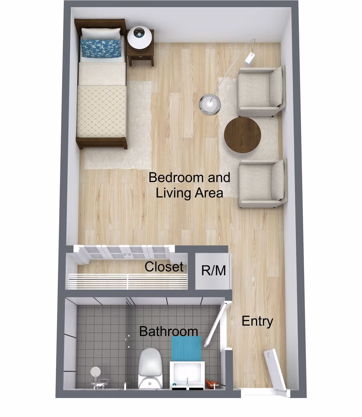 3D floor plan of a small living space labeled Chapters Living of Canton, showing a combined bedroom and living area with a bed, nightstand, two armchairs, a round table, and a floor lamp. There is a closet and a small room labeled R/M near the entry. The bathroom includes a toilet, sink, and shower.