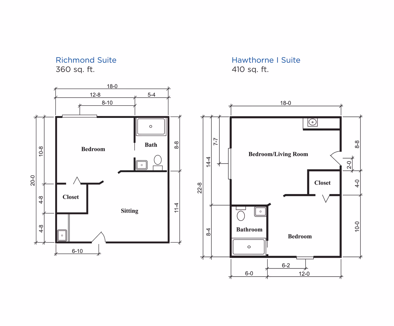 Architectural floor plans for two suites at Brookdale DeLand: Richmond Suite with 360 sq. ft. featuring a bedroom, sitting area, closet, and bath; Hawthorne I Suite with 410 sq. ft. featuring a combined bedroom/living room, separate bedroom, closet, and bathroom.