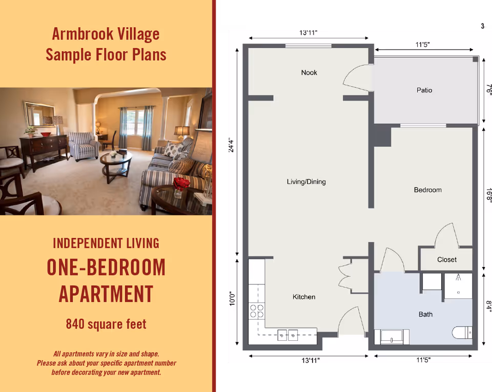 Promotional layout showing a furnished living room photo alongside a labeled floor plan for a one-bedroom, 840-square-foot apartment at Armbrook Village.