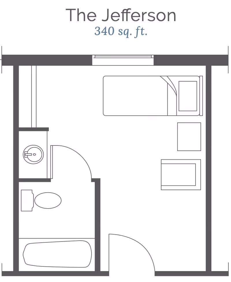 Floor plan of a small senior living unit named The Jefferson, measuring 340 square feet, showing a combined bedroom and living area with a bed, two chairs, and a small bathroom with a sink, toilet, and bathtub.