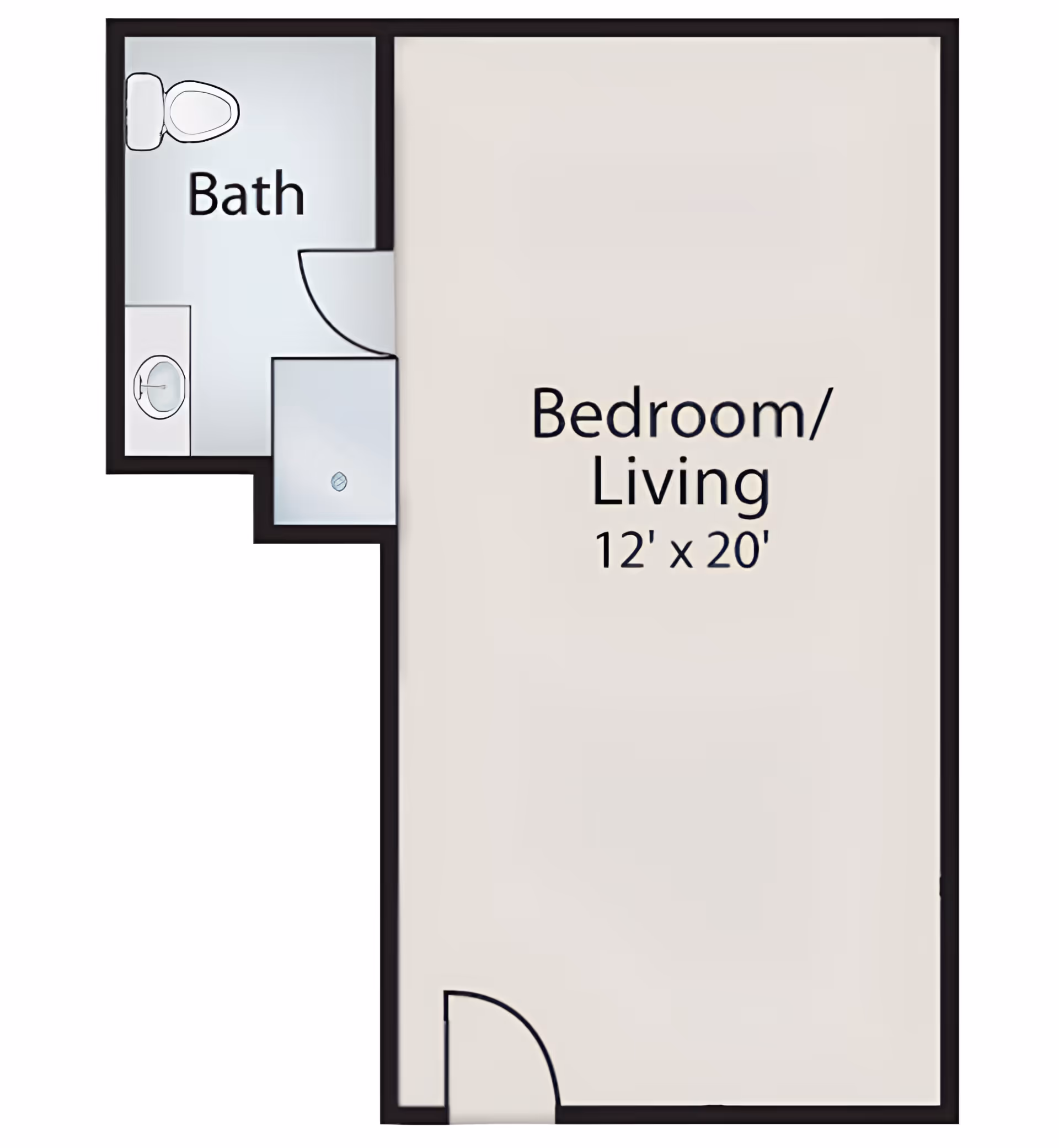 Floor plan of a small living space labeled Bedroom/Living measuring 12 feet by 20 feet, with an attached bathroom that includes a toilet and sink.
