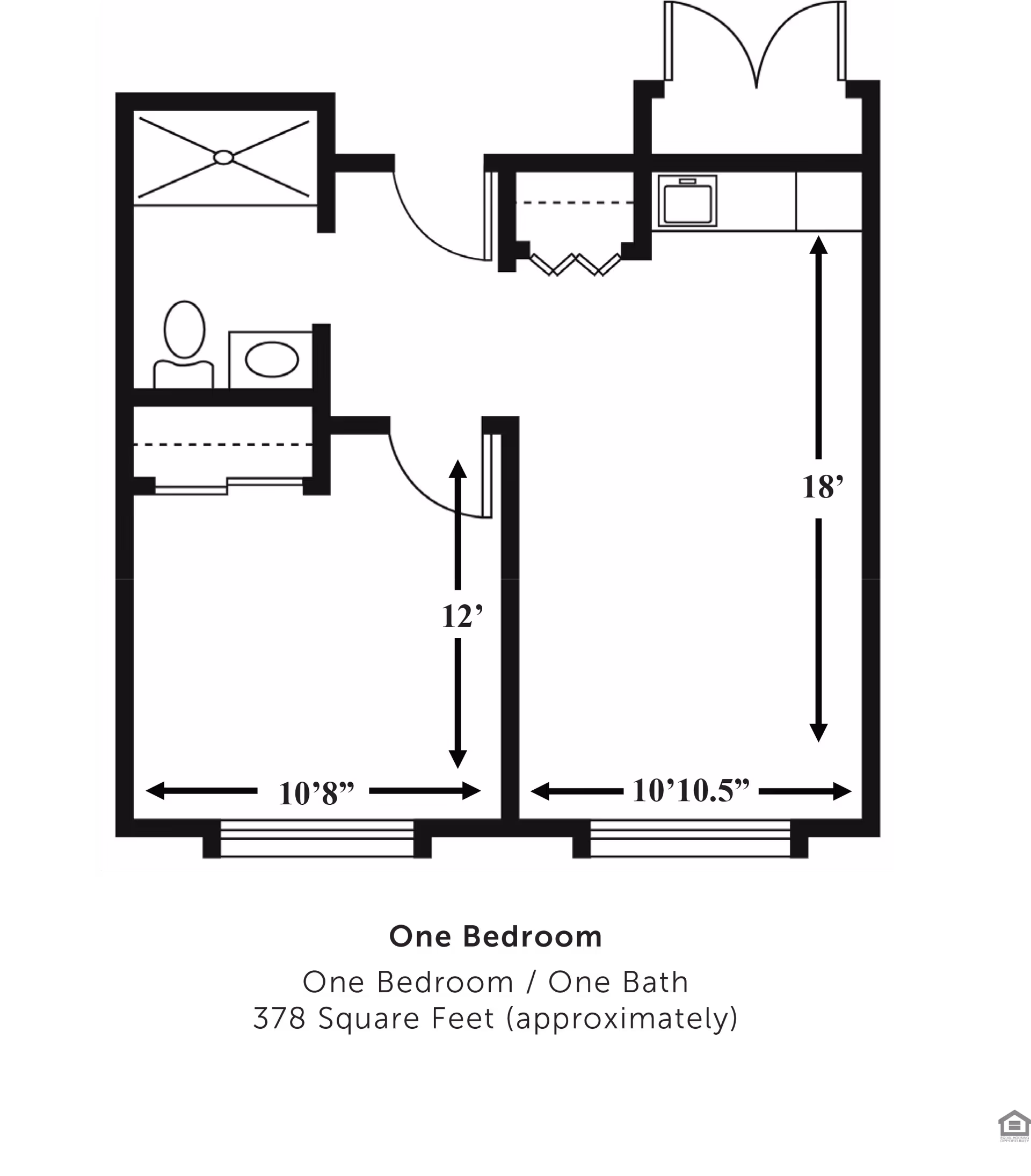 Floor plan of a one-bedroom, one-bath apartment with approximate dimensions. The layout includes a bedroom measuring 10 feet 8 inches by 12 feet, a living area measuring 10 feet 10.5 inches by 18 feet, a bathroom with a shower, toilet, and sink, and a small kitchen area near the entrance.
